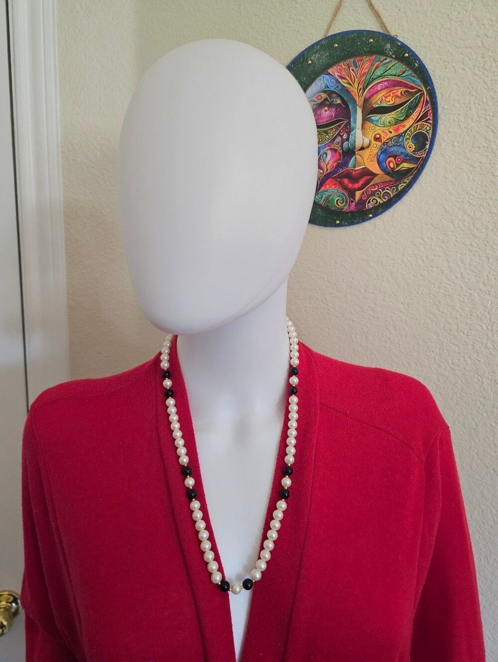 Faux Pearl and Onyx Bead Necklace - White and Black